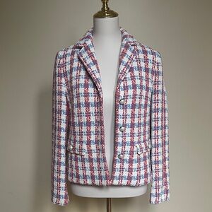 ZARA Red Blue White Tweed Pearl Button Blazer Jacket Size M